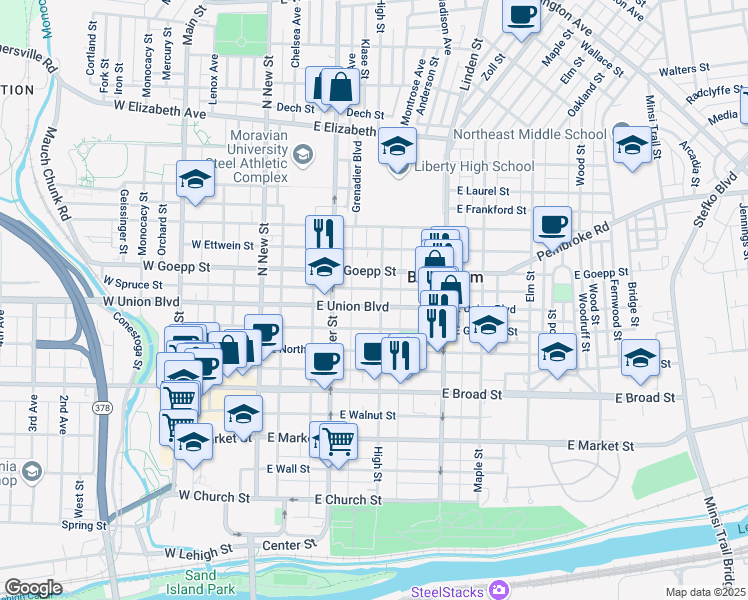 map of restaurants, bars, coffee shops, grocery stores, and more near 733 High Street in Bethlehem