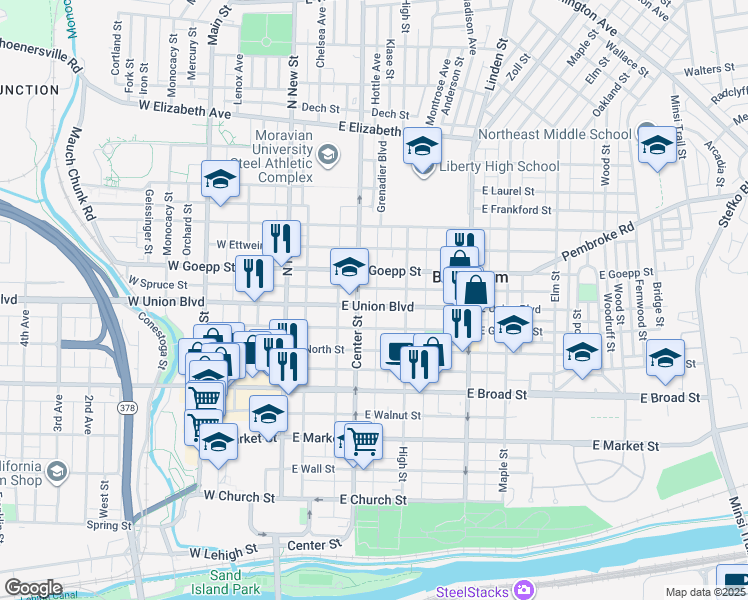 map of restaurants, bars, coffee shops, grocery stores, and more near 732 Center Street in Bethlehem