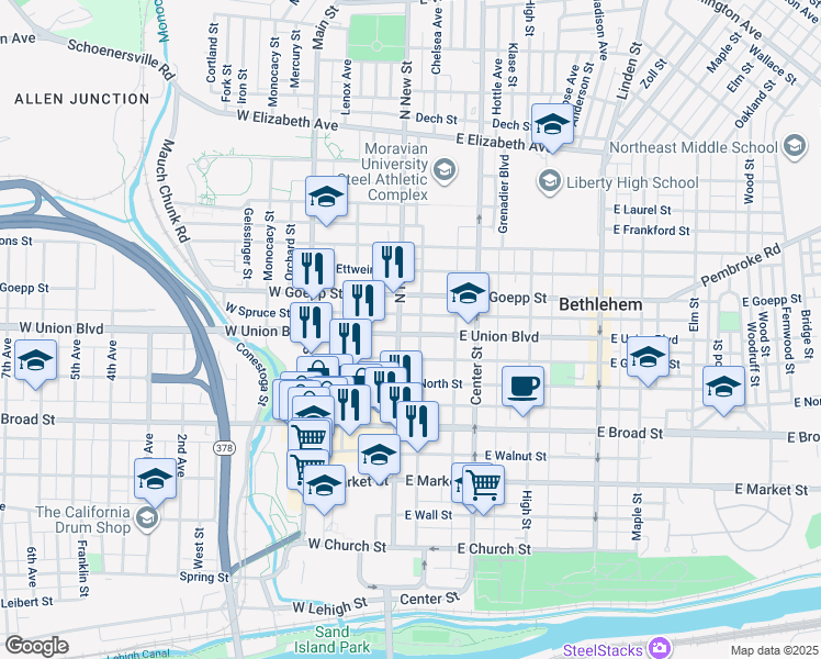 map of restaurants, bars, coffee shops, grocery stores, and more near 728 North New Street in Bethlehem