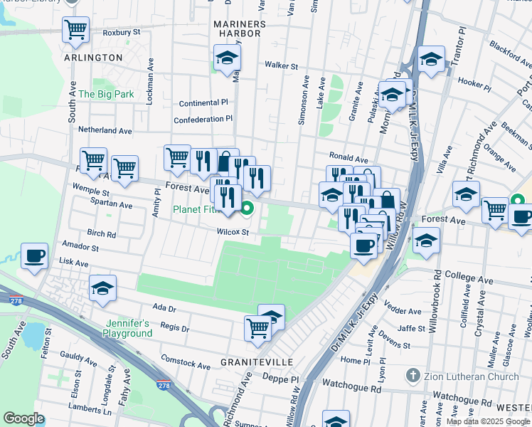 map of restaurants, bars, coffee shops, grocery stores, and more near 1890 Forest Avenue in Staten Island