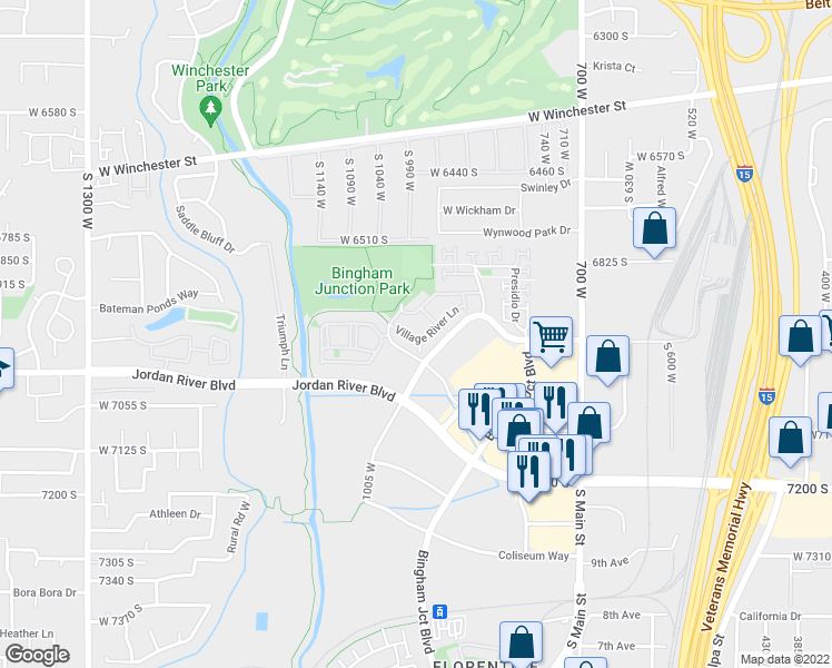 map of restaurants, bars, coffee shops, grocery stores, and more near 1002 Village River Lane in Midvale