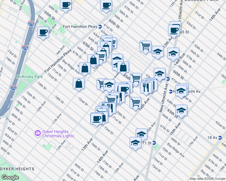 map of restaurants, bars, coffee shops, grocery stores, and more near 1263 Bay Ridge Avenue in Brooklyn