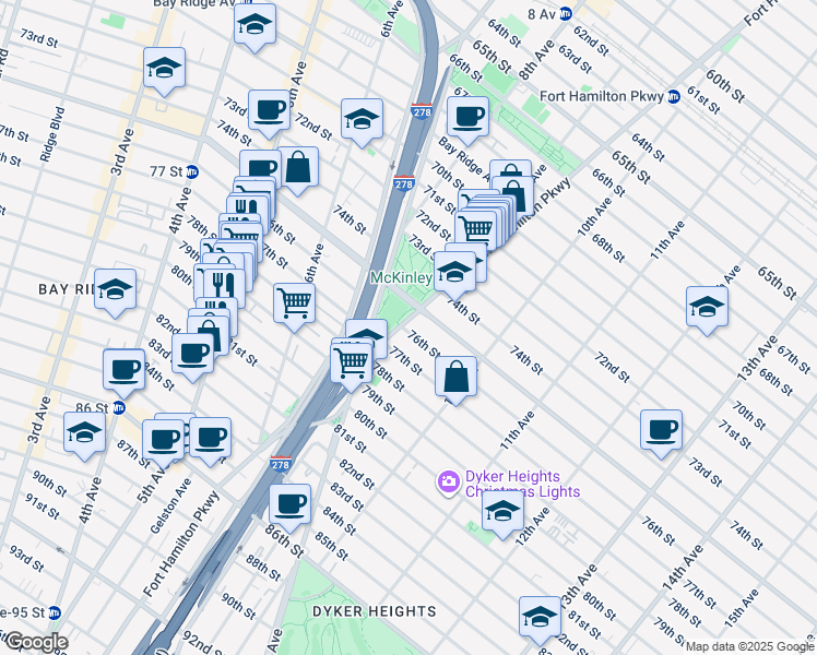 map of restaurants, bars, coffee shops, grocery stores, and more near 913 77th Street in Brooklyn