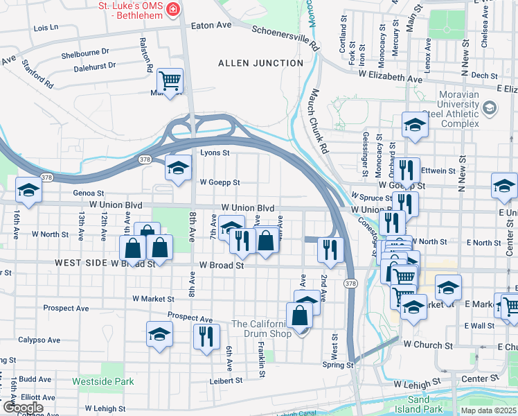 map of restaurants, bars, coffee shops, grocery stores, and more near 553 West Union Boulevard in Bethlehem