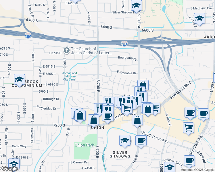 map of restaurants, bars, coffee shops, grocery stores, and more near 6934 South 745 East in Midvale