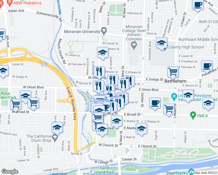 map of restaurants, bars, coffee shops, grocery stores, and more near 52 West Union Boulevard in Bethlehem