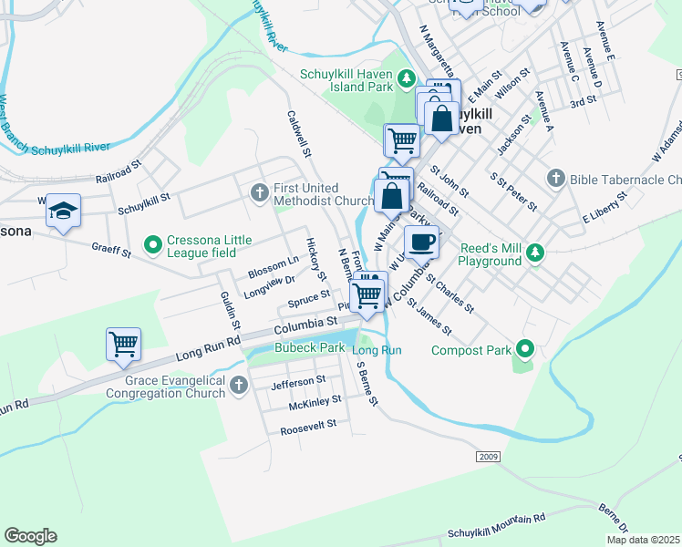 map of restaurants, bars, coffee shops, grocery stores, and more near 67 North Berne Street in Schuylkill Haven