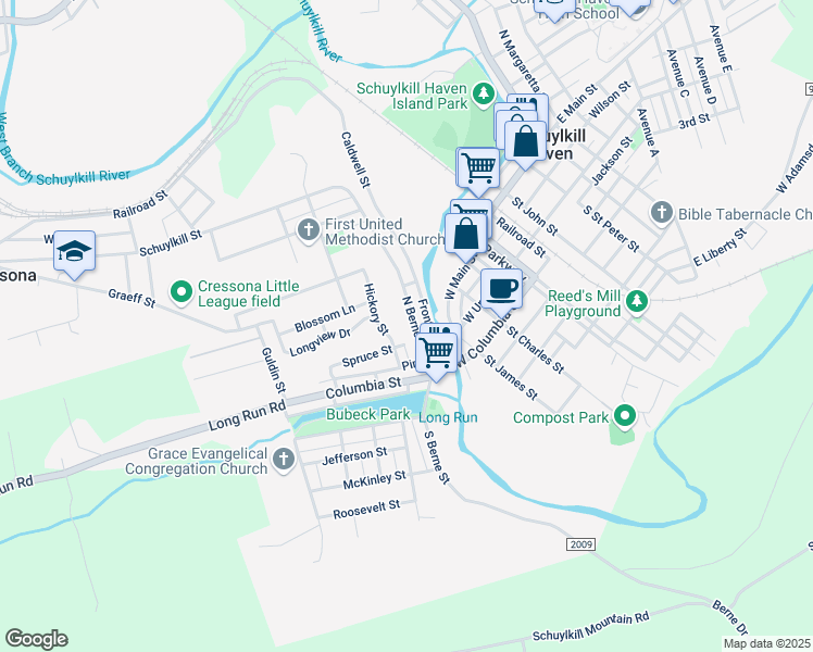 map of restaurants, bars, coffee shops, grocery stores, and more near 67 North Berne Street in Schuylkill Haven