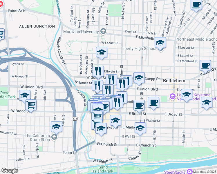 map of restaurants, bars, coffee shops, grocery stores, and more near 48 West Union Boulevard in Bethlehem