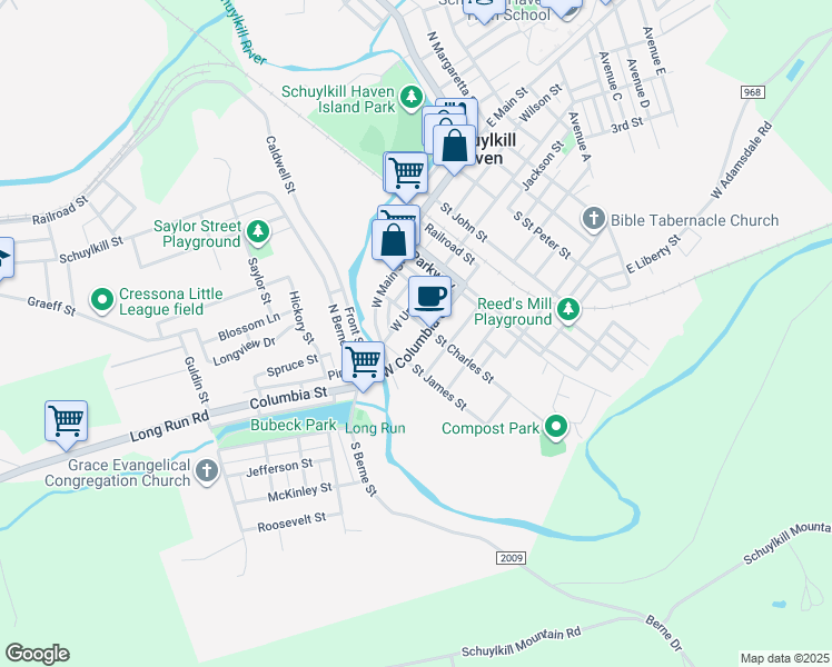map of restaurants, bars, coffee shops, grocery stores, and more near 224 West Columbia Street in Schuylkill Haven