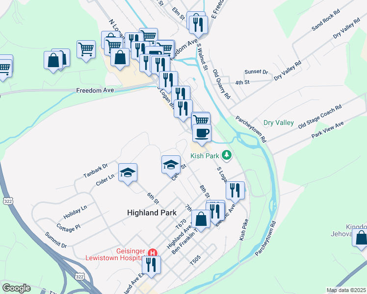 map of restaurants, bars, coffee shops, grocery stores, and more near 350 8th Street Extension in Lewistown