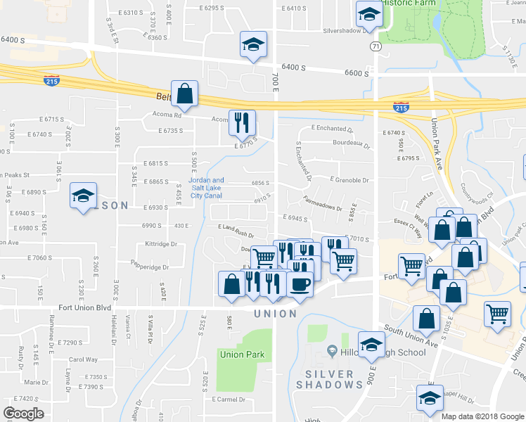 map of restaurants, bars, coffee shops, grocery stores, and more near 668 East Cobblestone Lane in Midvale