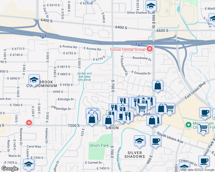 map of restaurants, bars, coffee shops, grocery stores, and more near 668 East Cobblestone Lane in Midvale