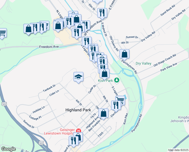 map of restaurants, bars, coffee shops, grocery stores, and more near 350 8th Street Extension in Lewistown