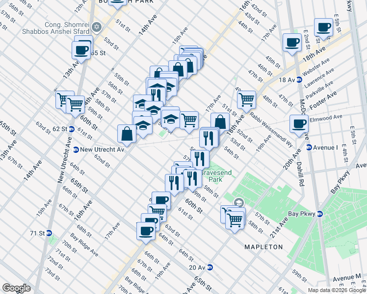 map of restaurants, bars, coffee shops, grocery stores, and more near 1675 56th Street in Brooklyn