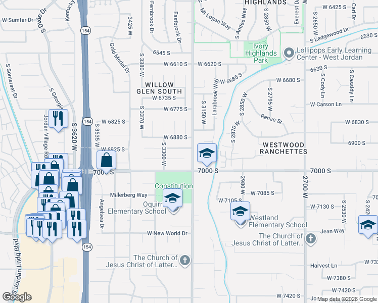 map of restaurants, bars, coffee shops, grocery stores, and more near 3221 West 6920 South in West Jordan