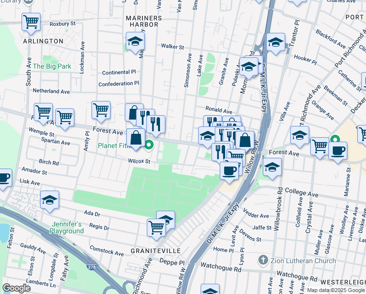map of restaurants, bars, coffee shops, grocery stores, and more near 1890 Forest Avenue in Staten Island