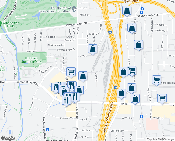 map of restaurants, bars, coffee shops, grocery stores, and more near 604 West 6960 South in Midvale