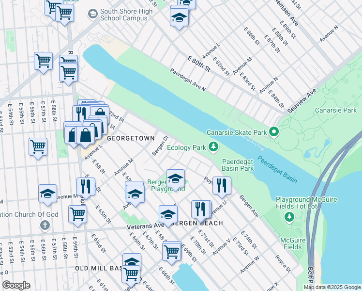 map of restaurants, bars, coffee shops, grocery stores, and more near 1910 Bergen Avenue in Brooklyn