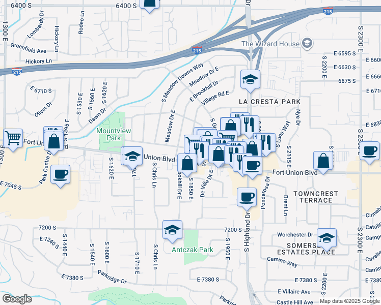 map of restaurants, bars, coffee shops, grocery stores, and more near 6896 Village Green Road in Cottonwood Heights