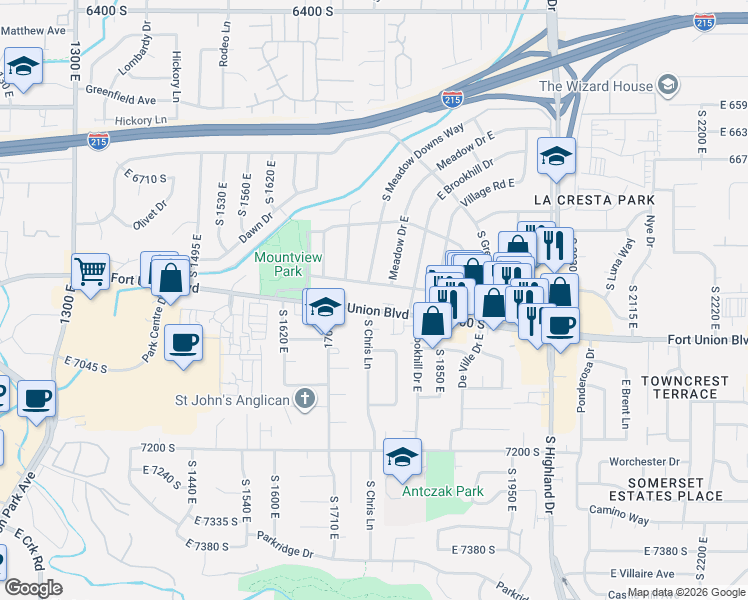 map of restaurants, bars, coffee shops, grocery stores, and more near 1775 East 6890 South in Salt Lake City