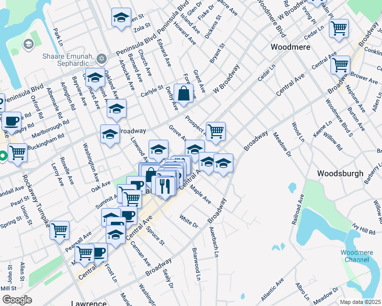 map of restaurants, bars, coffee shops, grocery stores, and more near 140 Grove Avenue in Cedarhurst