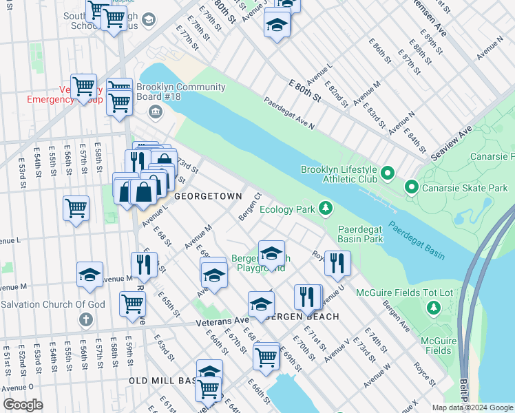 map of restaurants, bars, coffee shops, grocery stores, and more near 7268 Bergen Court in Brooklyn
