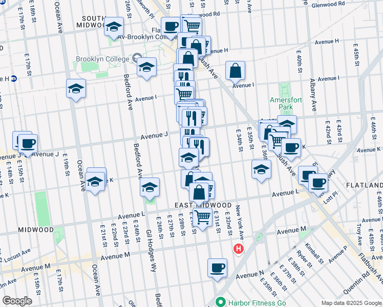 map of restaurants, bars, coffee shops, grocery stores, and more near 2400 Nostrand Avenue in Brooklyn