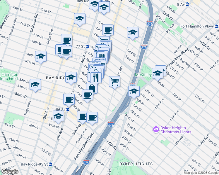 map of restaurants, bars, coffee shops, grocery stores, and more near 568 78th Street in Brooklyn