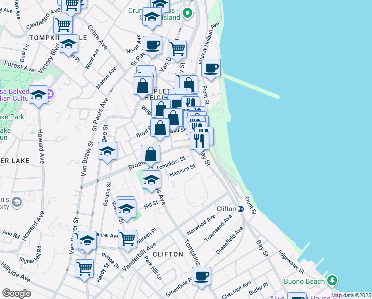 map of restaurants, bars, coffee shops, grocery stores, and more near 57 Thompson Street in Staten Island