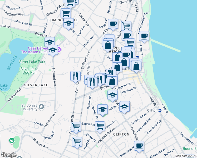 map of restaurants, bars, coffee shops, grocery stores, and more near 51 Gordon Street in Staten Island