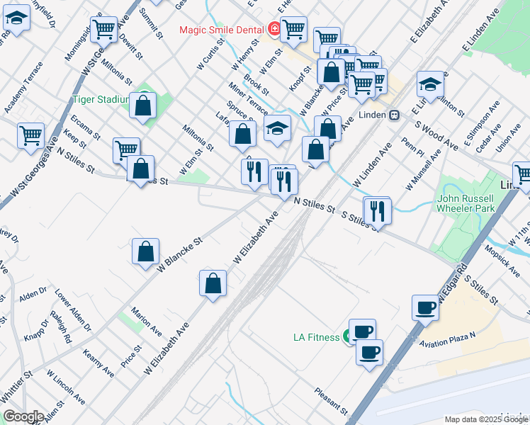 map of restaurants, bars, coffee shops, grocery stores, and more near 809 West Blancke Street in Linden