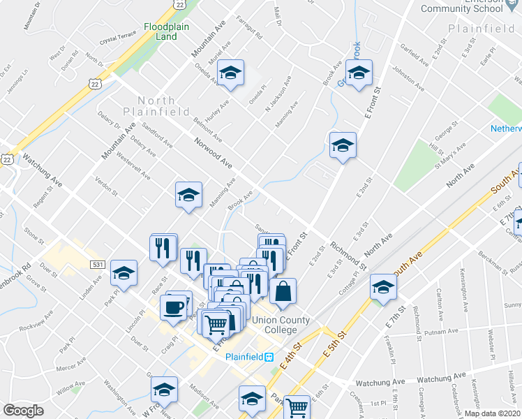 map of restaurants, bars, coffee shops, grocery stores, and more near 65-71 Norwood Avenue in Plainfield
