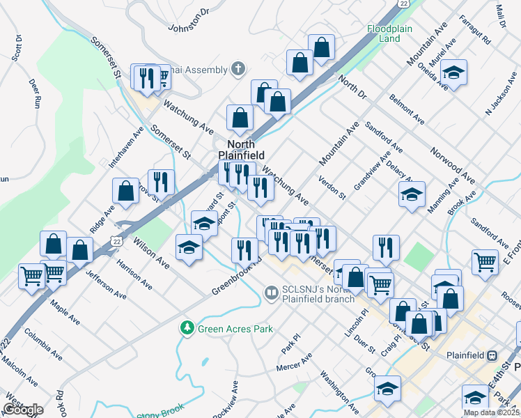 map of restaurants, bars, coffee shops, grocery stores, and more near 11 Regent Street in North Plainfield