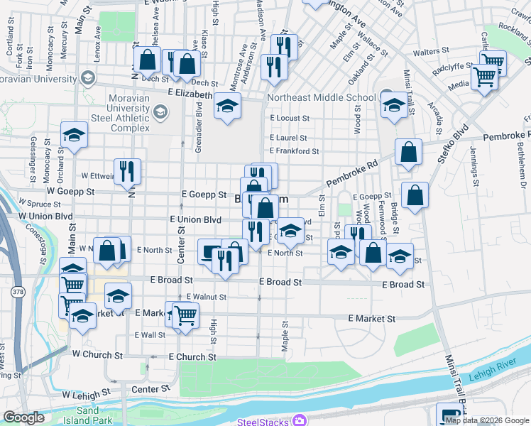 map of restaurants, bars, coffee shops, grocery stores, and more near in Bethlehem