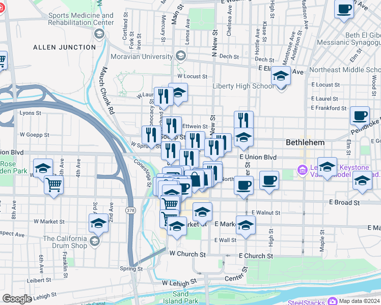 map of restaurants, bars, coffee shops, grocery stores, and more near 33 West Goepp Street in Bethlehem