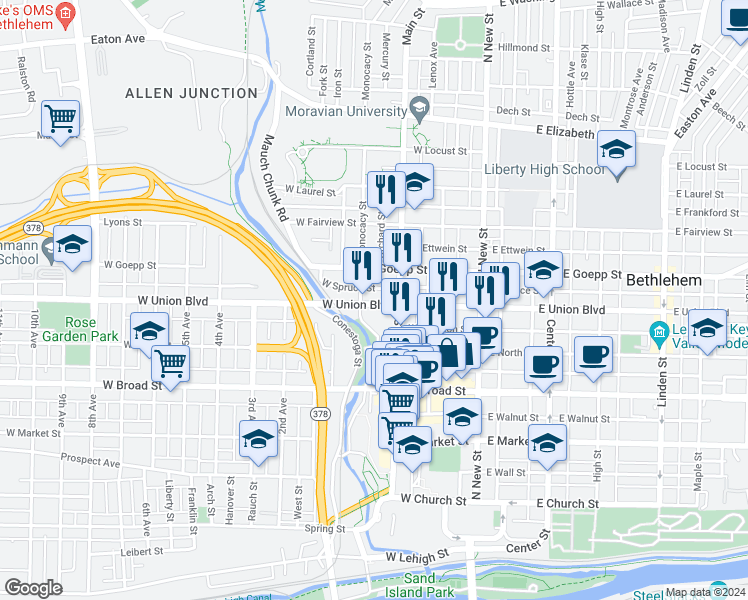map of restaurants, bars, coffee shops, grocery stores, and more near 115 West Goepp Street in Bethlehem