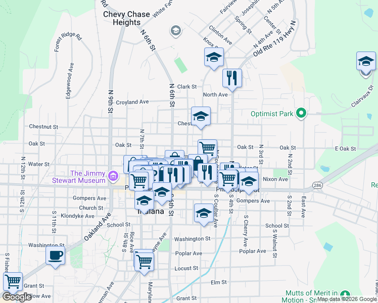 map of restaurants, bars, coffee shops, grocery stores, and more near 531 Oak Street in Indiana