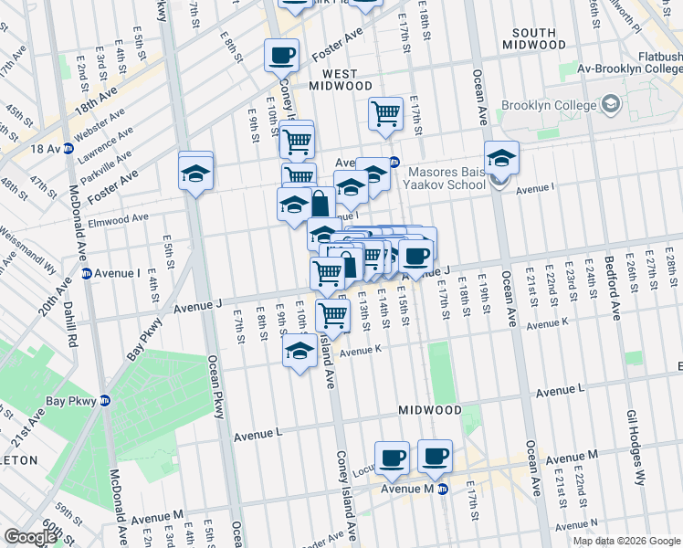 map of restaurants, bars, coffee shops, grocery stores, and more near 954 East 13th Street in Brooklyn