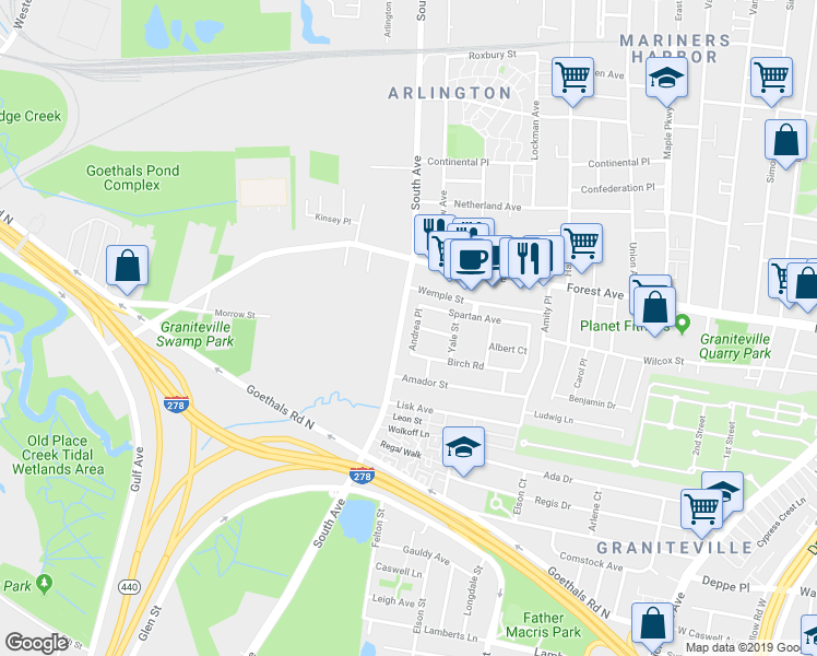 map of restaurants, bars, coffee shops, grocery stores, and more near 30 Andrea Place in Staten Island