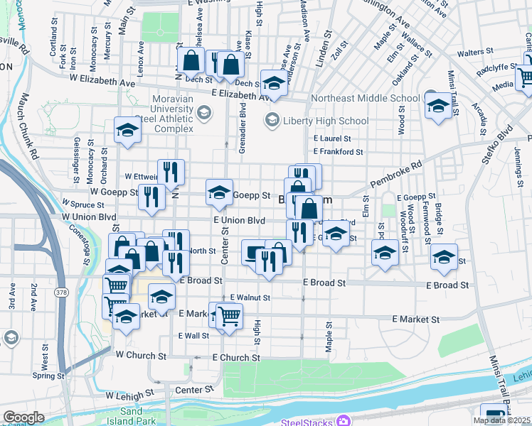 map of restaurants, bars, coffee shops, grocery stores, and more near 810 High Street in Bethlehem