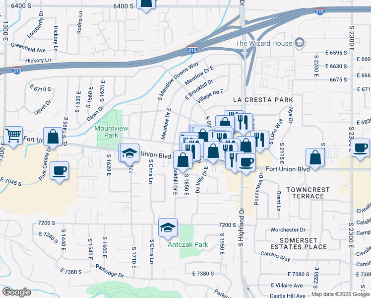 map of restaurants, bars, coffee shops, grocery stores, and more near 6896 Village Green Road in Cottonwood Heights