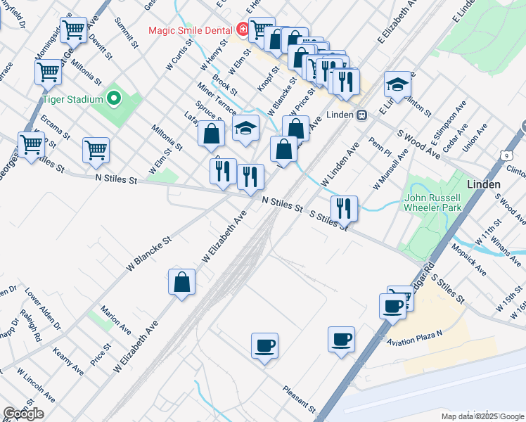 map of restaurants, bars, coffee shops, grocery stores, and more near 5 North Stiles Street in Linden