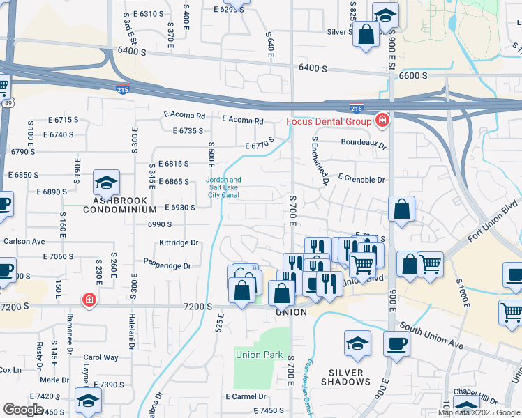 map of restaurants, bars, coffee shops, grocery stores, and more near 618 East Cobblestone Lane in Midvale