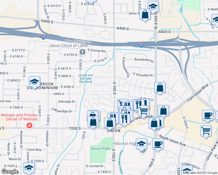 map of restaurants, bars, coffee shops, grocery stores, and more near 664 East Cobblestone Lane in Midvale