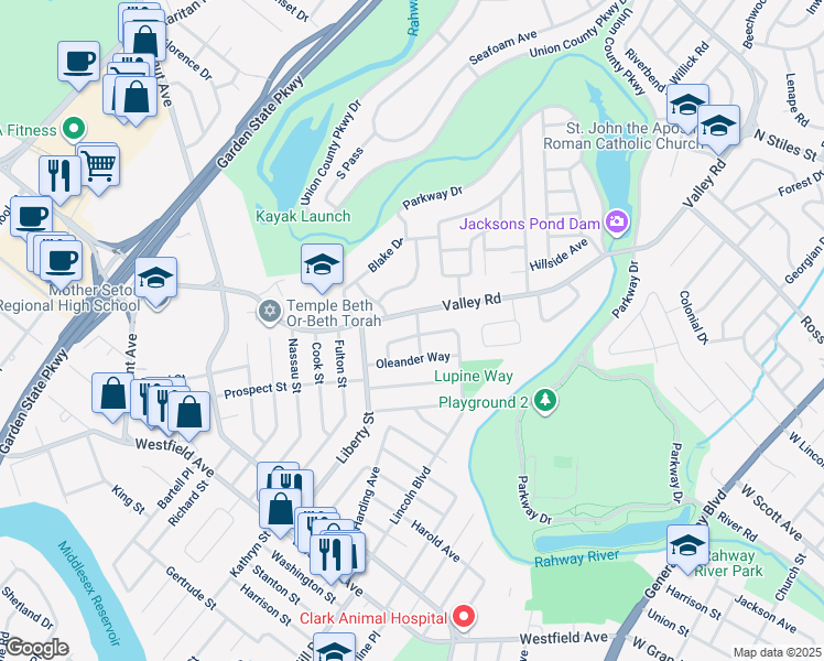 map of restaurants, bars, coffee shops, grocery stores, and more near 246 Valley Road in Clark