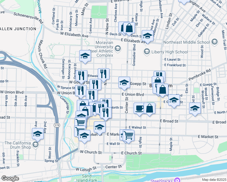map of restaurants, bars, coffee shops, grocery stores, and more near 46 East Goepp Street in Bethlehem