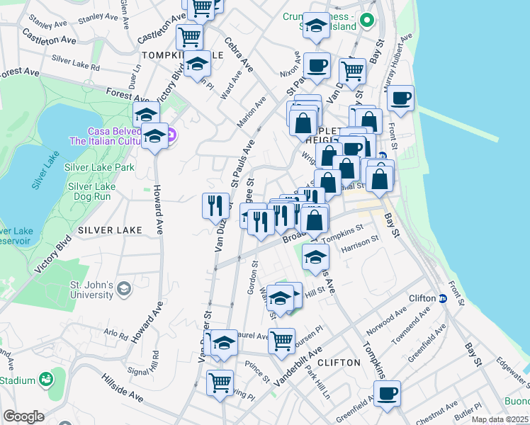 map of restaurants, bars, coffee shops, grocery stores, and more near 63 Gordon Street in Staten Island