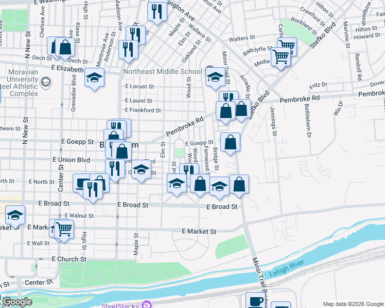 map of restaurants, bars, coffee shops, grocery stores, and more near 831 Wood Street in Bethlehem