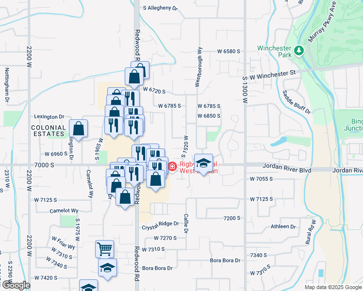 map of restaurants, bars, coffee shops, grocery stores, and more near 1532 Marty Circle in West Jordan